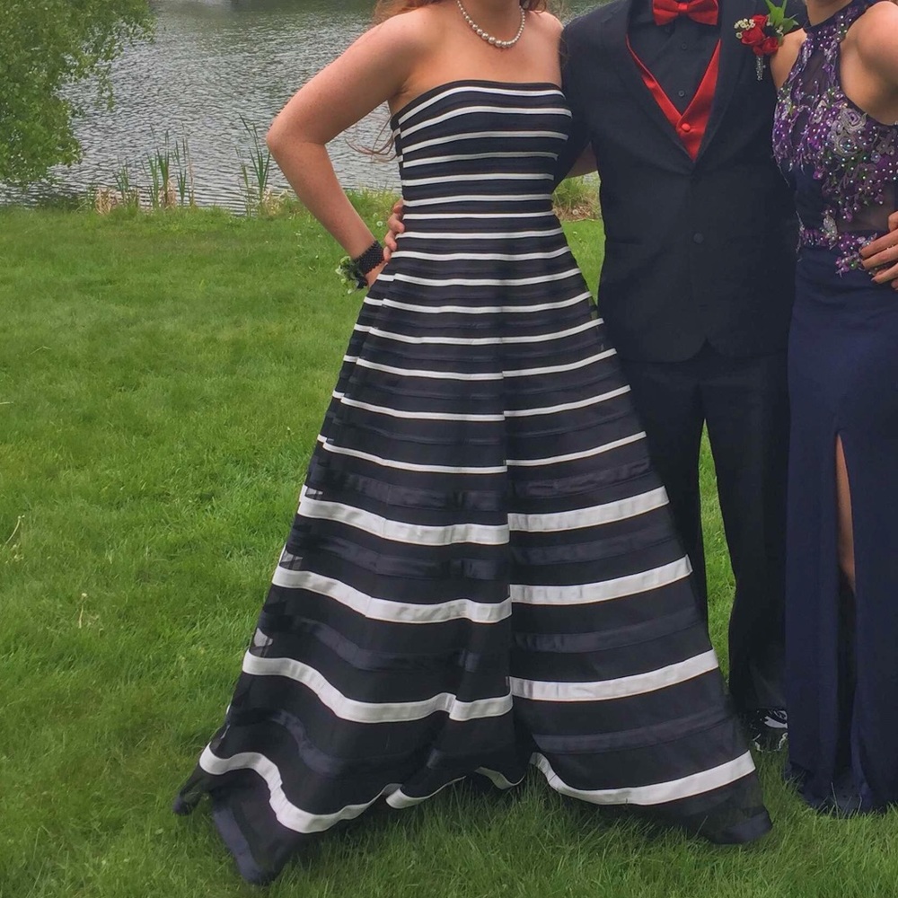 Black and white striped prom dress